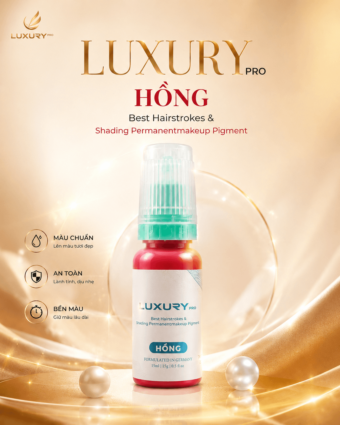 Mực Phun Xăm LUXURY PRO Màu Hồng 15ml – Pigment Phun Mày/Môi, Hairstrokes & Shading
